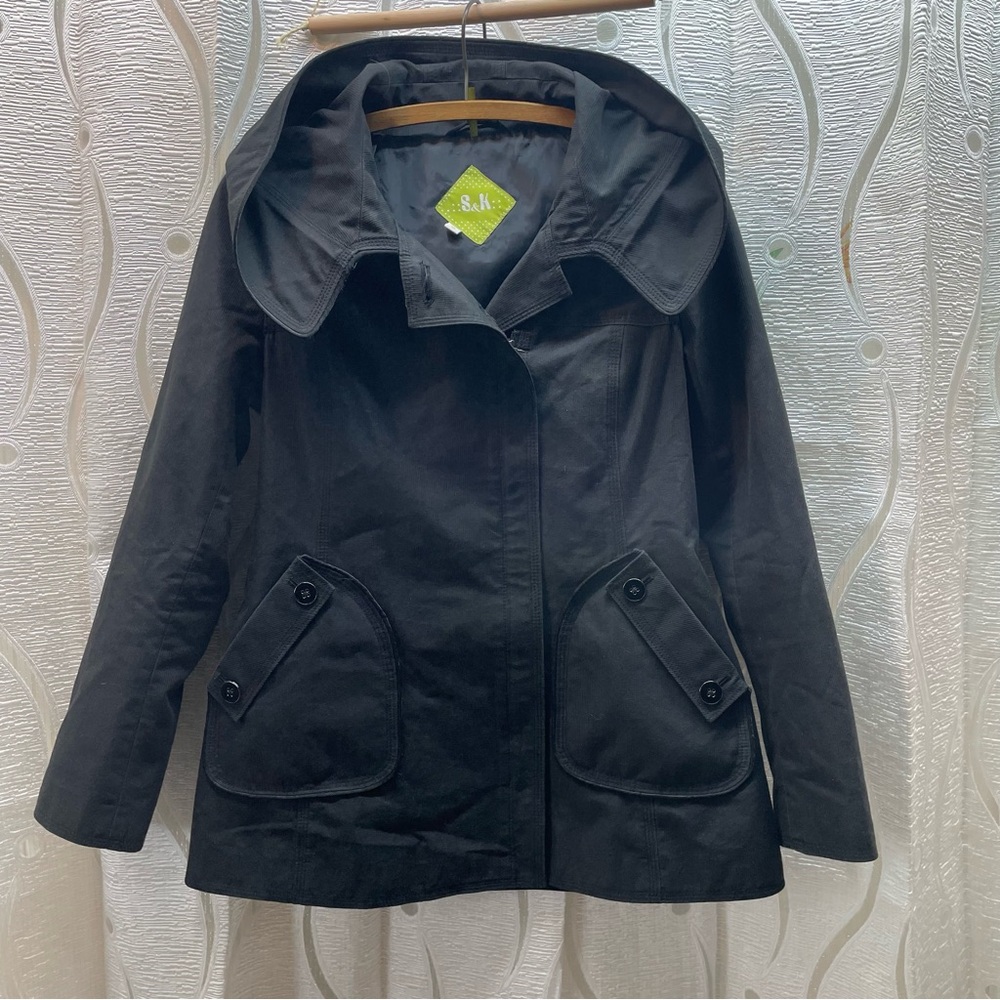 S&K Hooded Jacket Women Size M Black Excellent Condition Structured Cotton Blend